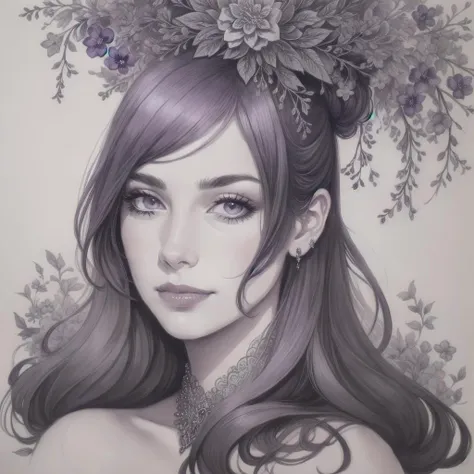 violet ink portrait of a women with intricate ornament