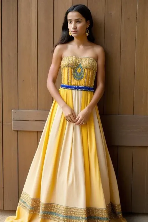 Tempera Painting: Using egg yolk or other binders to mix with pigments, often applied to wood or panels. , masterpiece, photo RAW, of a Amazigh (Berber) Beaded Strapless Dress: Strapless gown adorned with intricate beadwork, adding a touch of luxury and glamour.