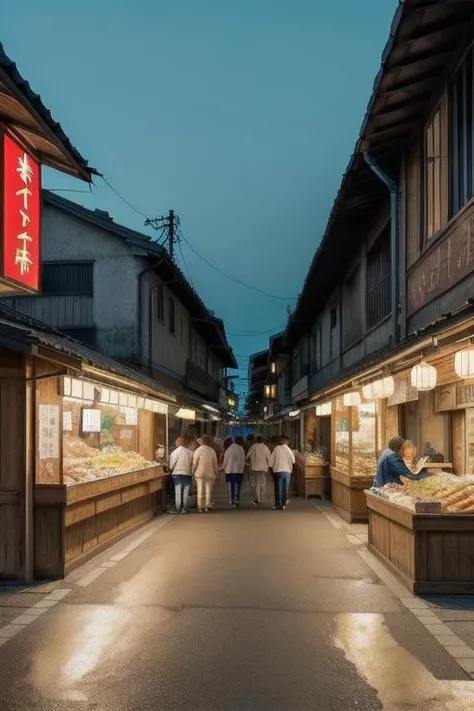 intricate details of a landscape of a japanese old town, at dusk , with food stall , and market, seen from the street