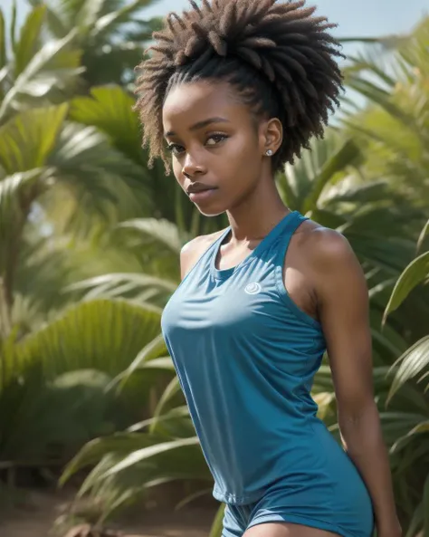 a african girl wearing a Snoot Electric Blue Polyester Sporty Athleisure Fashion (Global), perfect face, with a really intricate savana background<lora:add_detail:0.6>