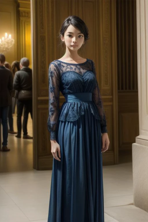 Blue attire wear by a woman in ornate musee du louvre<lora:add_detail:0.6>