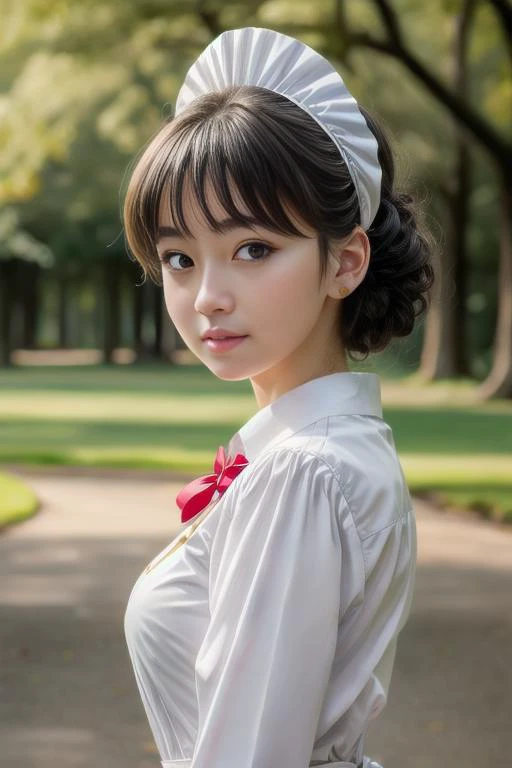 anime style , extra details , ((perfect portrait)), Snow White princess peachWaiter/Waitress Uniform , focus really intricate details background of a park , <lora:add_detail:0.6>