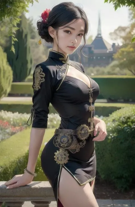 Purple Spandex qipao, perfect face, with an intricate french palace background including the garden, 1girl, masterpiece, perfect face, steampunk miniskirt , ((really intricate steampunk background)), masterpiece, ultra realist, really intricate details red dress , really intricate background, , masterpiece, ultra realist, really intricate details red dress , really intricate background