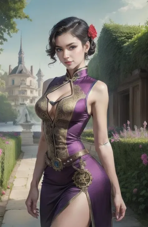 Purple Spandex qipao, perfect face, with an intricate french palace background including the garden, 1girl, masterpiece, perfect face,  steampunk miniskirt , ((really intricate steampunk background)), masterpiece, ultra realist, really intricate details red dress , really intricate background, , masterpiece, ultra realist, really intricate details red dress , really intricate background