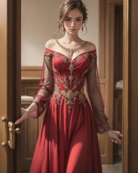 , masterpiece, ultra realist, really intricate details __red__ dress , really intricate background