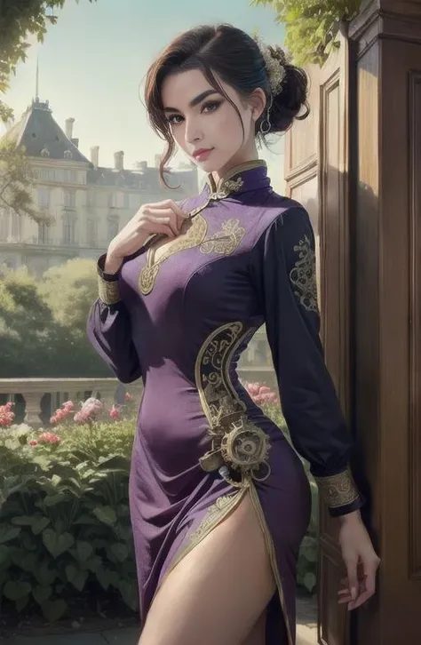 Purple Spandex qipao, perfect face, with an intricate french palace background including the garden, 1girl, masterpiece, perfect face, steampunk miniskirt , ((really intricate steampunk background)), masterpiece, ultra realist, really intricate details red dress , really intricate background, , masterpiece, ultra realist, really intricate details red dress , really intricate background