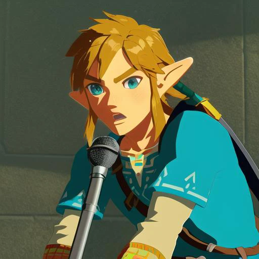 Link with microphone, microphone, talking, Link from the the legend of zelda: breath of the wild, Links from breath of the wild  <lora:The Legend of Zelda Breath of the Wild:1>, Official_art, masterpiece, best_quality