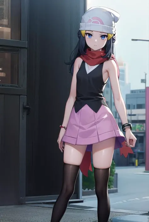 pokemondawn, <lyco:pokemon dawn-lyco-nochekaiser:1>,
pokemon dawn, black hair, blue eyes, sidelocks, long hair, (small breasts:1.2),
BREAK bare shoulders, beanie, black shirt, black socks, bracelet, hat, jewelry, kneehighs, miniskirt, pink skirt, red scarf, scarf, shirt, skirt, sleeveless, sleeveless shirt, white headwear,
BREAK looking at viewer, (full body:1.2), upper body,
BREAK outdoors, city, sky,
BREAK <lyco:GoodHands-beta2:1>, (masterpiece:1.2), best quality, high resolution, unity 8k wallpaper, (illustration:0.8), (beautiful detailed eyes:1.6), extremely detailed face, perfect lighting, extremely detailed CG, (perfect hands, perfect anatomy),
