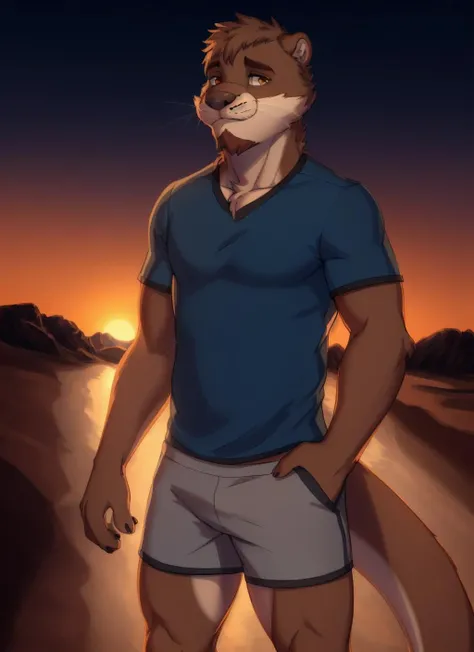 <lora:chase-08:1>, chase hunter, otter, solo (soft shading), 4k, hi res, detailed face, detailed eyes, detailed, ((full body)), by zackarry911, by zaush, (by personalami:0.5), (blue shirt), grey shorts, otter tail, night, orange eyes, desert, cactus in background, (camera), beard, pose