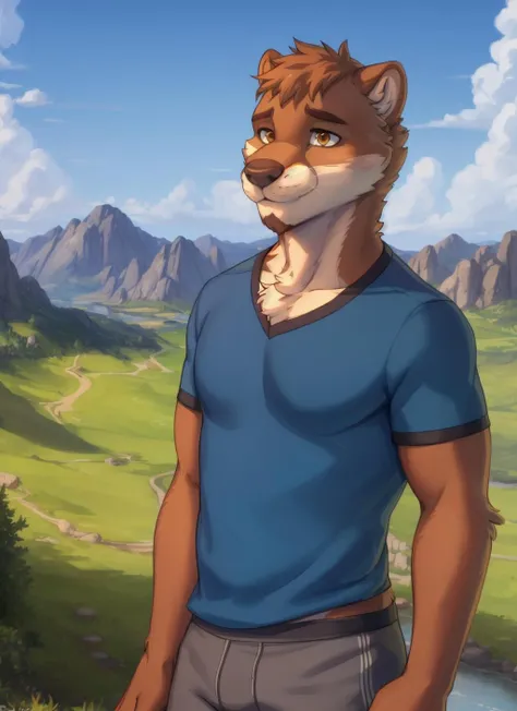 <lora:chase-08:0.9>, chase hunter, (soft shading), 4k, hi res, detailed face, detailed eyes, detailed, ((full body)), by zackarry911, by zaush, (by personalami:0.5), blue shirt, orange eyes, grey shorts