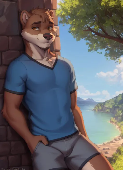 <lora:chase-08:0.9>, chase hunter, (soft shading), 4k, hi res, detailed face, detailed eyes, detailed, ((full body)), by zackarry911, by zaush, (by personalami:0.5), blue shirt, orange eyes, grey shorts, tail