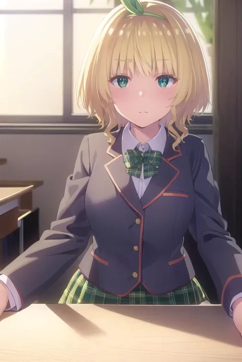 yuikakoga, <lora:yuika koga s1-lora-nochekaiser:1>,
yuika koga, short hair, blonde hair, (green eyes:1.3), hair ribbon, hairband, green ribbon,
BREAK skirt, shirt, school uniform, white shirt, plaid, plaid skirt, green skirt,
BREAK indoors, classroom,
BREAK looking at viewer,
BREAK <lyco:GoodHands-beta2:1>, (masterpiece:1.2), best quality, high resolution, unity 8k wallpaper, (illustration:0.8), (beautiful detailed eyes:1.6), extremely detailed face, perfect lighting, extremely detailed CG, (perfect hands, perfect anatomy),