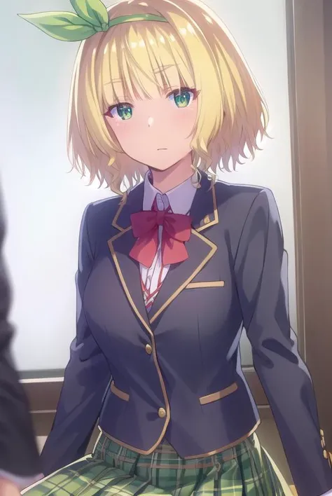 yuikakoga, <lora:yuika koga s1-lora-nochekaiser:1>,
yuika koga, short hair, blonde hair, (green eyes:1.3), hair ribbon, hairband, green ribbon,
BREAK skirt, shirt, school uniform, white shirt, plaid, plaid skirt, green skirt,
BREAK indoors, classroom,
BREAK looking at viewer,
BREAK <lyco:GoodHands-beta2:1>, (masterpiece:1.2), best quality, high resolution, unity 8k wallpaper, (illustration:0.8), (beautiful detailed eyes:1.6), extremely detailed face, perfect lighting, extremely detailed CG, (perfect hands, perfect anatomy),