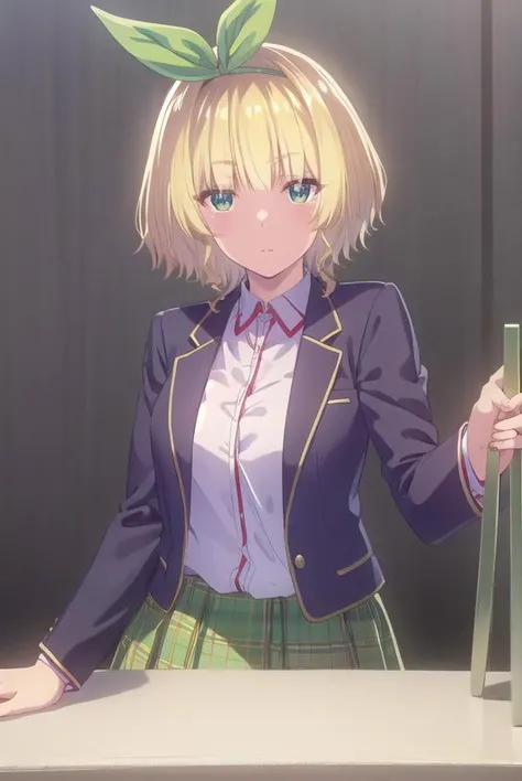 yuikakoga, <lora:yuika koga s1-lora-nochekaiser:1>,
yuika koga, short hair, blonde hair, (green eyes:1.3), hair ribbon, hairband, green ribbon,
BREAK skirt, shirt, school uniform, white shirt, plaid, plaid skirt, green skirt,
BREAK indoors, classroom,
BREAK looking at viewer,
BREAK <lyco:GoodHands-beta2:1>, (masterpiece:1.2), best quality, high resolution, unity 8k wallpaper, (illustration:0.8), (beautiful detailed eyes:1.6), extremely detailed face, perfect lighting, extremely detailed CG, (perfect hands, perfect anatomy),