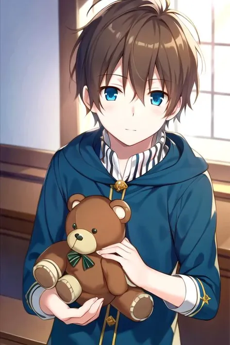 masterpiece, best quality, movie still, 1boy, solo, male focus, looking at viewer, , depth of field, ligne claire, realistic, <lora:ryuu_akagami_no_shirayuki-hime:0.66>, ryuu_akagami_no_shirayuki-hime, brown hair, blue eyes, teddy bear costume, military science fiction,