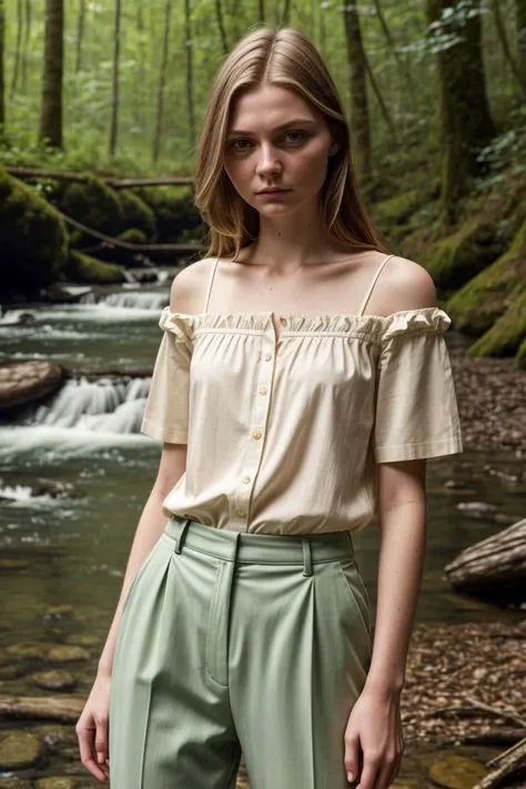 European woman, closeup, sandals, (shirt), pants, (forest river), ZM_jessica, wide shoulders, perfect face, (contact iris: 1.1), pale skin, skin pores , looking_at_viewer, depth of field