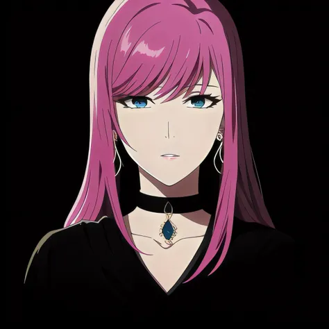 1girl, bangs, black background, choker, earrings, jewelry, long hair, looking at viewer, parted lips, pink hair, simple background, solo, transparent background, (((masterpiece))), (highest quality), ((perfect face)), very deep eyes, (cinematic lighting), detailed eyes, best quality,  bishoujo, sidelight, highres, (intricate details), detailed finger