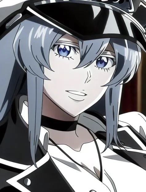 solo, portrait, 1girl, breasts, esdeath, cleavage, choker, solo, long hair, clenched teeth, large breasts, military uniform, teeth, black choker, parted bangs, jacket, collarbone, indoors, (((masterpiece))), (highest quality), ((perfect face)), very deep eyes, (cinematic lighting), detailed eyes, best quality,  bishoujo, sidelight, highres, (intricate details), peaked cap,