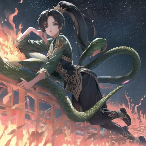 <lora:xiaoqing.v01:0.82>,1girl,best quality,(flowing Ponytail), best quality, ultra high res,(Messy Plush black hair), eye shadow,(detailed eyes:1.2),(detailed background:1.2),(illustration:1.1),(ink splashing),{{Lots of bamboo leaf}},beautiful detailed deep eyes, beautiful detailed sky, beautifuldetailed water, cinematic lighting, dramatic angle, (very long sleeves), frills,((starry sky)), star river,array stars, Holy, noble,intricate light, dynamic hair, dynamic fuzziness, beautiful and aesthetic, intricate light, manga and anime,extremely detailed CG unity 8k wallpaper,full body,(green snake)
