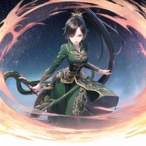 <lora:xiaoqing.v01:0.82>,1girl,best quality,(flowing Ponytail), best quality, ultra high res,(Messy Plush black hair), eye shadow,(detailed eyes:1.2),(detailed background:1.2),(illustration:1.1),(ink splashing),{{Lots of bamboo leaf}},beautiful detailed deep eyes, beautiful detailed sky, beautifuldetailed water, cinematic lighting, dramatic angle, (very long sleeves), frills,((starry sky)), star river,array stars, Holy, noble,intricate light, dynamic hair, dynamic fuzziness, beautiful and aesthetic, intricate light, manga and anime,extremely detailed CG unity 8k wallpaper,full body,(green snake)