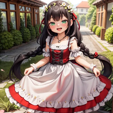 (3d, render, photorealistic),((realistic)),masterpiece, best quality, 1girl standing , cute, sidelocks, long hair, curly hair, big hair, (red dress), smiling, (blushing),green eyes, black hair, single long braid, ponytail, outdoors,flower garden, flowers, petals particles,hair ribbon, pendant, headband, happy, open mouth, small eyes, detached sleeves, holding skirt,
<lora:dirndl:0.8>red dirndl, red traditional bavarian dress, wearing a dirndl
