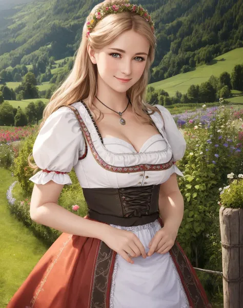 Masterpiece, absurdres, fine detail, HDR, highly detailed face and eyes, photorealistic, <lora:dirndl:0.75>, dirndl, a woman in traditional bavarian dress poses for a picture , german woman, wearing a dirndl