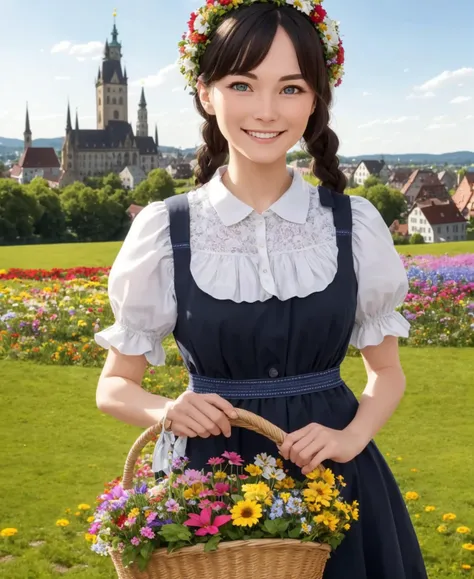 Masterpiece, absurdres, fine detail, HDR, dept of field,highly detailed face and eyes, photorealistic, photograph,  <lora:drindl:0.85>,drindl, a young woman in traditional bavarian dress standing and holding basket full of flowers, flower patches, german woman, green eyes, black hair, single long braid,  wearing drindl, warm smile,flowers in hair, town in background