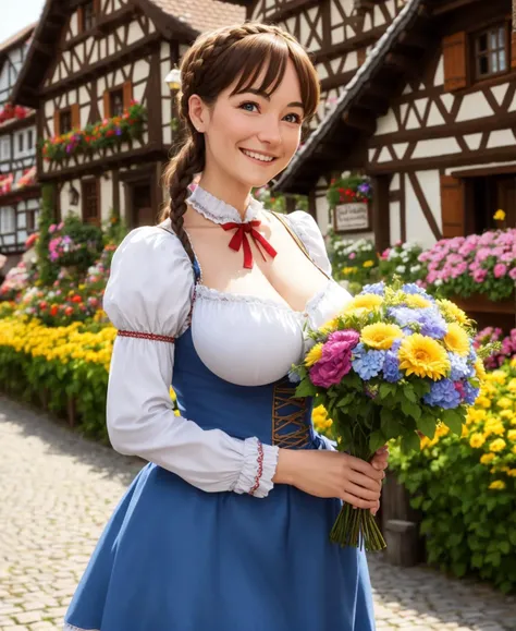 Masterpiece, absurdres, fine detail, DOF, atmosperic lighting, highly detailed face and eyes, photorealistic, <lora:drindl:0.75>, drindl, a woman in traditional bavarian dress walking through villiage, german woman, medium breasts , plaits, wearing drindl, smiling, holding bouquet