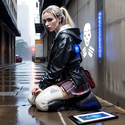 illustration of a 18 year old cute woman hacker, hacking equipment, white latex stockings, plaid punk skirt, white latex tshirt, long black latex trenchcoat, flat cyberpunk sneakers, hacking gear in a backpack, hacked sensor device with exposed wires and leds, kneeling by the side of a building drawing white chalk code onto its stone foundation, drawing white hacker chalk glyphs on building, electronics with blue lights sticking out of latex duffel bag, stormy 2 am cyberpunk dystopian Australia, side perspective, 2am, futuristic grim rainy Australia, concrete and megacorporations, depth of field, bokeh, dark rainy sky, dark wet sidewalk in the rain, stone facade skyscraper, cyberpunk, <lora:SDXLatex-v2-000094:1.00>,