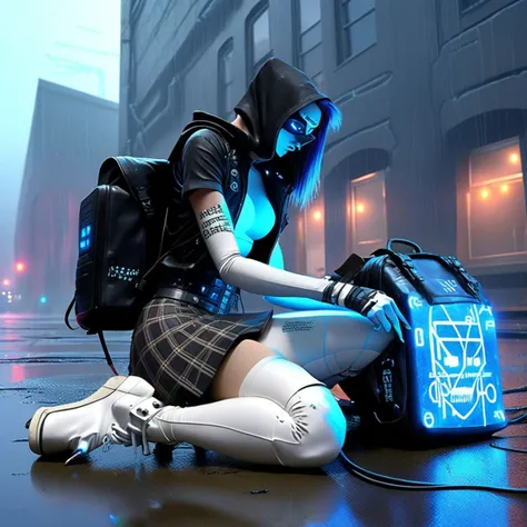 illustration of a 18 year old cute woman hacker, hacking equipment, white latex stockings, plaid punk skirt, latex tshirt, flat cyberpunk sneakers, hacking gear in a backpack, hacked sensor device with exposed wires and leds, kneeling by the side of a building drawing white chalk code onto its stone foundation, drawing white hacker chalk glyphs on building, electronics with blue LEDs sticking out of latex duffel bag, stormy 2 am cyberpunk dystopian Australia, side perspective, 2am, futuristic grim rainy Australia, concrete and megacorporations, depth of field, bokeh, dark rainy sky, dark wet sidewalk in the rain, stone facade skyscraper, cyberpunk, <lora:SDXLatex-v2-000094:1.00>,