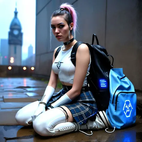 illustration of a 18 year old cute woman hacker, hacking equipment, white latex stockings, plaid punk skirt, latex tshirt, flat cyberpunk sneakers, hacking gear in a backpack, hacked sensor device with exposed wires and leds, kneeling by the side of a building drawing white chalk code onto its stone foundation, drawing white hacker chalk glyphs on building, electronics with blue LEDs sticking out of latex duffel bag, stormy 2 am cyberpunk dystopian Australia, side perspective, 2am, futuristic grim rainy Australia, concrete and megacorporations, depth of field, bokeh, dark rainy sky, dark wet sidewalk in the rain, stone facade skyscraper, cyberpunk, <lora:SDXLatex-v2-000094:1.00>,