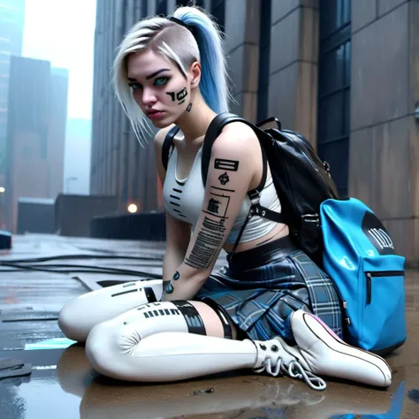 illustration of a 18 year old cute woman hacker, hacking equipment, white latex stockings, plaid punk skirt, latex tshirt, flat cyberpunk sneakers, hacking gear in a backpack, hacked sensor device with exposed wires and leds, kneeling by the side of a building drawing white chalk code onto its stone foundation, drawing white hacker chalk glyphs on building, electronics with blue LEDs sticking out of latex duffel bag, stormy 2 am cyberpunk dystopian Australia, side perspective, 2am, futuristic grim rainy Australia, concrete and megacorporations, depth of field, bokeh, dark rainy sky, dark wet sidewalk in the rain, stone facade skyscraper, cyberpunk, <lora:SDXLatex-v2-000094:1.00>,