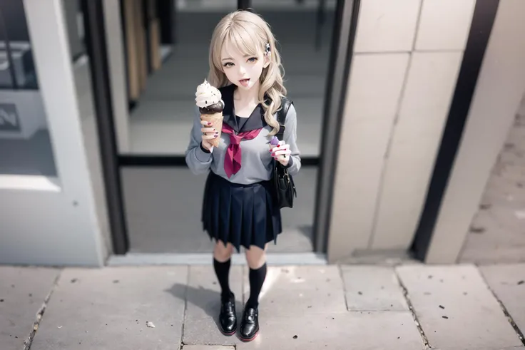 masterpiece, best quality,fuyusaka iori 1,1girl, food, (solo:1.3), school uniform, tongue, flower, hair flower, skirt, hair ornament, tongue out, ice cream, grey hair, bag, transparent background, long hair, holding, socks, serafuku, full body, black skirt, shoes, loafers, white flower, school bag, holding food, long sleeves, shirt, standing, sailor collar, kneehighs, grey shirt, black socks, pleated skirt, black footwear, holding bag, licking, neckerchief, ice cream conelooking at viewer, highly detailed city background,(ulzzang-6500:0.8),