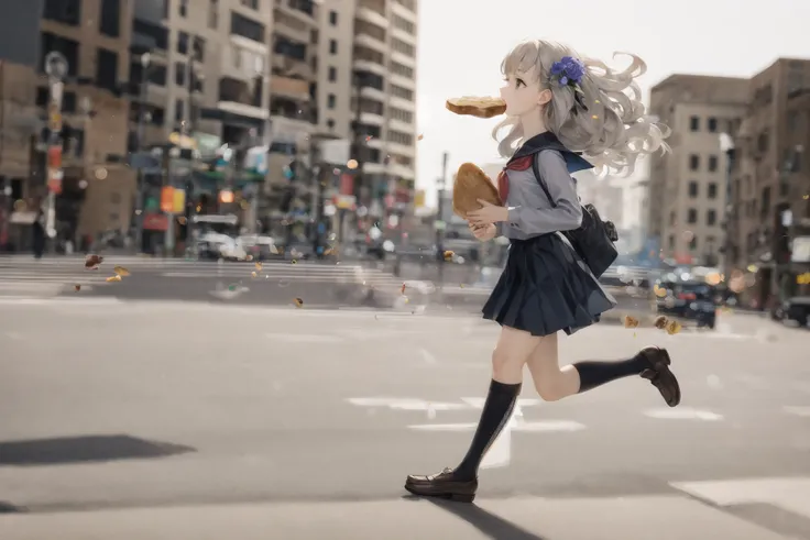 masterpiece, best quality,fuyusaka iori 1,1 girl, (solo:1.2),toast, running, toast in mouth, solo, school uniform, food in mouth, food, bag, hair flower, hair ornament, mouth hold, flower, long hair, skirt, serafuku, socks, shoes, loafers, grey hair, school bag, kneehighs, full body, pleated skirt, white flower, white background, simple background, brown footwear, black skirt, neckerchief, sailor collar, black socks, from side, long sleeves, bread, grey shirt, profile, black sailor collar,(highly detailed city background:1.2),(ulzzang-6500:0.8),