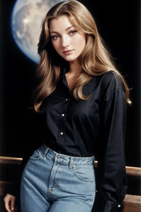 photo of J4n3s3ym0ur_HMv1-133, a woman, perfect hair, (modern photo), wearing black jeans, black button-up shirt, wool coat, 200mm short telephoto, (analog, cinematic, film grain:1.3), Galactic Observatory, Space observatory studying distant galaxies, black holes, and cosmic phenomena., detailed eyes, professional pose, (epiCPhoto), (looking at viewer:1.1), (cinematic shot:1.3), (broad style lighting), <lora:add_detail:0.5>