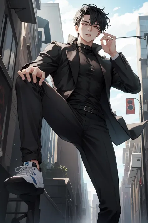(Masterpiece:1.4), (best quality:1.2), <lora:Yoo_Joonghyuk-000010:0.8>, yoo joonghyuk, 1boy, male focus, black shirt, black jacket, black pants, kicking