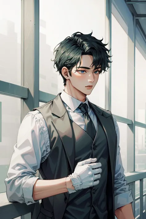 (Masterpiece:1.4), (best quality:1.2), <lora:Yoo_Joonghyuk-000010:1>, yoo joonghyuk, 1boy, male focus, shirt, vest, necktie, gloves, upper body