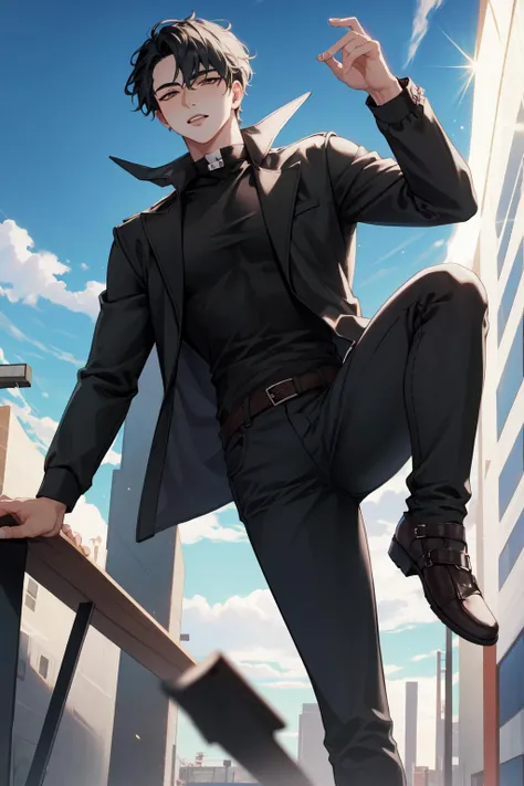 (Masterpiece:1.4), (best quality:1.2), <lora:Yoo_Joonghyuk-000010:0.8>, yoo joonghyuk, 1boy, male focus, black shirt, black jacket, black pants, kicking