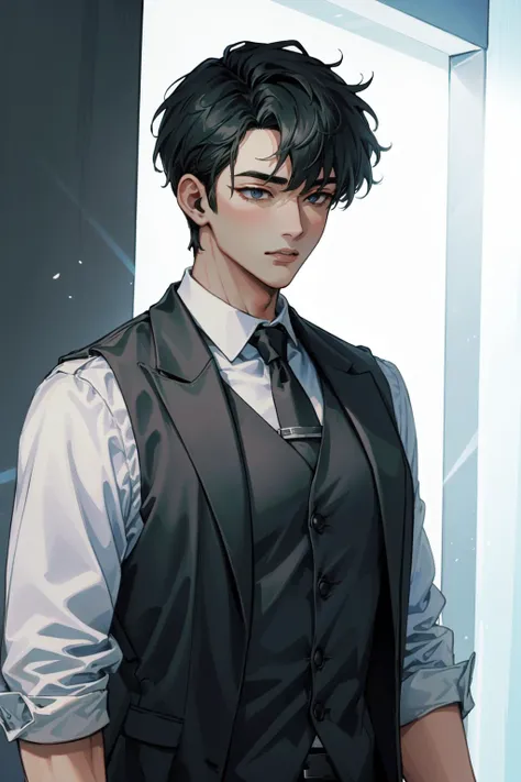 (Masterpiece:1.4), (best quality:1.2), <lora:Yoo_Joonghyuk-000010:1>, yoo joonghyuk, 1boy, male focus, shirt, vest, necktie, gloves, upper body