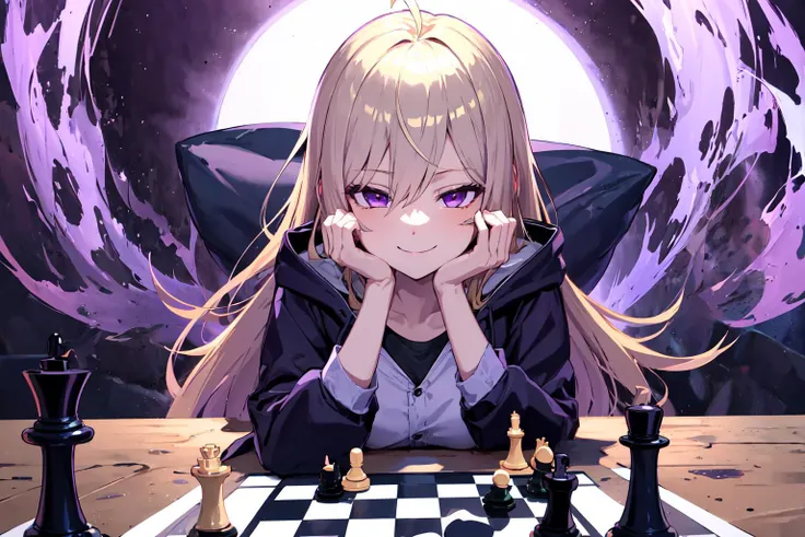 1girl, purple eyes, long hair, blonde hair, ahoge, disheveled hair, open jacket, hooded jacket, chess, chessboard, chess piece, playing games, timer, <lora:DBKiCharge:0.6> Ki Charge, aura, purple aura, squinting, smile, pov, hand on own face, masterpiece, best quality, highres, <lora:GoodHands-vanilla:1> nice hands, perfect hands