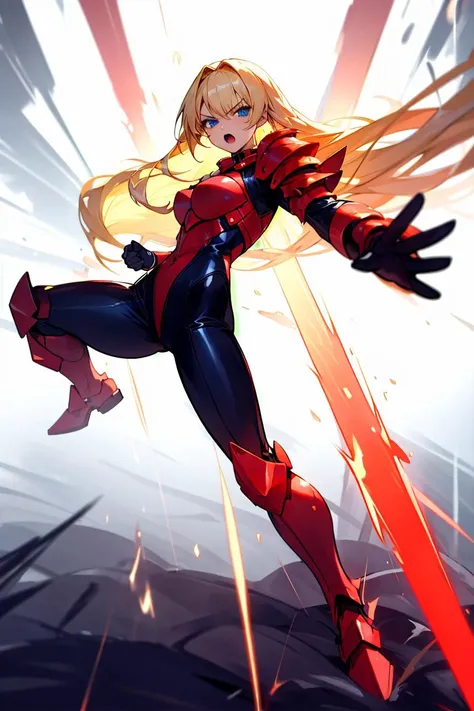 (masterpiece, best quality), Highly detailed, High Quality, Masterpiece, beautiful, Ki Charge, aura, fighting stance, full body <lora:DBKiCharge:1> , white aura, sentairanger, solo, black bodysuit, red armor, 1 pretty girl, looking at viewer, angry, open mouth, calling out, long hair, straight hair, blond hair, blue eyes, <lora:SentaiRanger-20:1>, red gloves <lora:more_details:1,5>