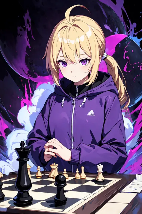 1girl, purple eyes, long hair, blonde hair, ahoge, low ponytail, hooded jacket, chess, chessboard, chess piece, playing games, timer, <lora:DBKiCharge:0.6> Ki Charge, aura, purple aura, masterpiece, best quality, highres, <lora:GoodHands-vanilla:1> nice hands, perfect hands