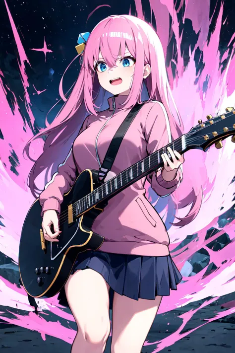 <lora:gotou_hitori_v1:0.7> gotou1, gotou hitori, solo, skirt, pink jacket, track jacket, bangs, hair between eyes, long sleeves, medium breasts, (holding instrument:1.2), guitar, <lora:DBKiCharge:0.7> Ki Charge, aura, pink aura, excited, open mouth, masterpiece, best quality, highres, <lora:GoodHands-vanilla:1> nice hands, perfect hands