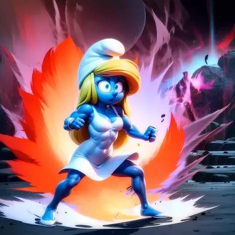 ((masterpiece, best quality)),(complex light),1girl , blonde hair, Smurfette, colored skin, blue skin,<lora:smurfette2:0.7>, hat, blue eyes,full body,m white dress, muscular, Ki Charge, aura, fighting stance, full body, <lora:DBKiCharge:0.8>, purple aura,