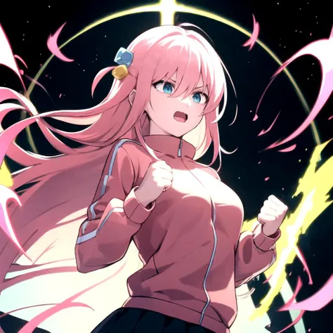 <lora:gotou_hitori_v1:0.95> gotou1, gotou hitori, solo, skirt, pink jacket, track jacket, bangs, hair between eyes, long sleeves, medium breasts, <lora:SuperSaiyanHair:0.3> SuperSaiyan, long hair, super saiyan, (spiked hair:0.8), aura, (electricity:1.2), (floating hair:1.6), <lora:DBKiCharge:0.4> Ki Charge, (aura:1.2), (fighting stance:1.2), (yellow aura:1.2), looking down, fist, open jacket, open mouth, upper body, serious, black background, universe, masterpiece, best quality, highres,, <lora:GoodHands-vanilla:1> nice hands, perfect hands