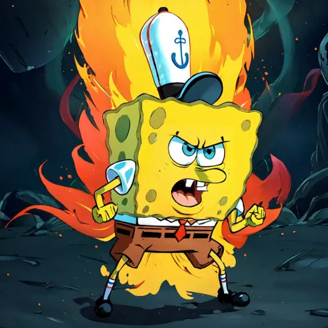 (masterpiece, best quality, absurdres, 4k, aesthetic, detailed, intricate), ki charge,yellow aura,fighting stance, spongebob, krusty krab hat,fighting stance <lora:DBKiCharge:0.7> <lora:spongebob010124:1>