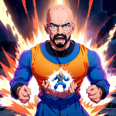 upper-body portrait of pixar disney anime bald walter white in a fighting stance ki charge aura <lora:DBKiCharge:0.6>, solo, solo focus, open mouth I AM THE DANGER, clenched hands, hazmat suit, screaming