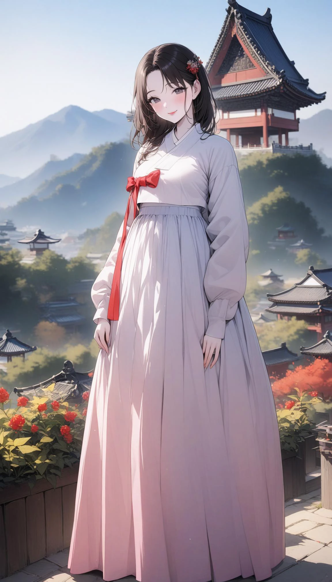 Masterpiece, Detailed features, Detailed lips, medium breasts, Detailed Background, close mouth, Pale Whiteite Skin, happy, loose fit, <lora:SDXL_Hanbok_LoRA_beta7:0.5> hanbok,