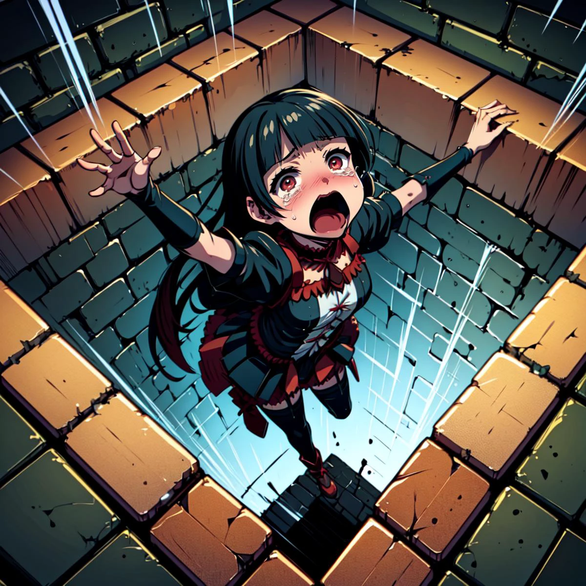 masterpiece,best quality,highly detailed,1girl,solo,surprise,constricted pupils,scared,screaming,
1girl, thighhighs, <lora:rory2:0.8> <lora:rory2-000009:0.9>,10s
BREAK
<lora:pitFall:0.5>,(((big square pitfall, big square pit hole,falling,bottomless pitfall))),arms up,legs up,dungeon,from above,brick floor,stone floor,full body,reaching towards viewer,dramatic and urgent scene, <lora:concept_aquascreaming:0.5> aquascreaming, screaming, open mouth, crying with eyes open, <lora:GoodHands-vanilla:0.8>
