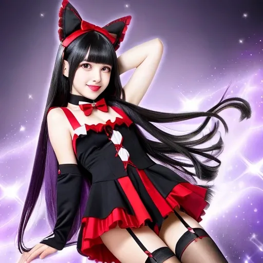 Sparkling purple eyes, black hair, long hair, animal ears, fabric animal ears,red and black animal ears, Black stockings, Black and red dress ,Layered skirt ,red shoes, purple lips, bangs, sexy smile, small breasts, sexy, Penetrating look, Glove Arm Warmers, red Bow tie on hair, best quality, masterpiece, detailed face, full body,
<lora:roryMercury368_v10:0.6>, <lora:Japanese-doll-likeness:0.1>, <lora:koreanDollLikeness_v15:0.3>